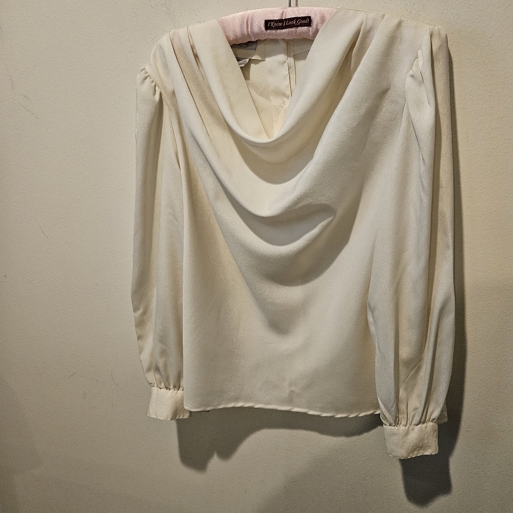 IQ Essentials Women's Off-White Chiffon Cowl Neck Long Sleeved Blouse, 12